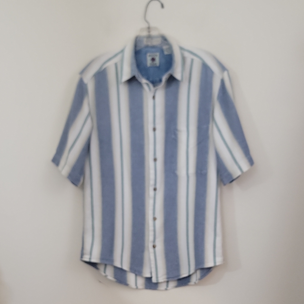 Madison Trader Striped Blue White Green & Tan 100% Cotton Short Sleeve Shirt M